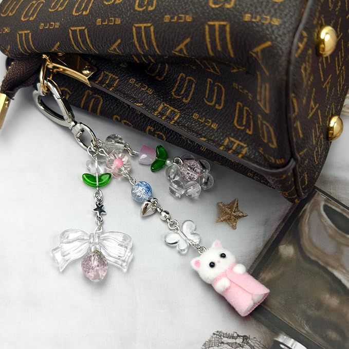 Cute Cat Keychain, Y2K Heart Bow Pendant, Kawaii Cat Bag Charm