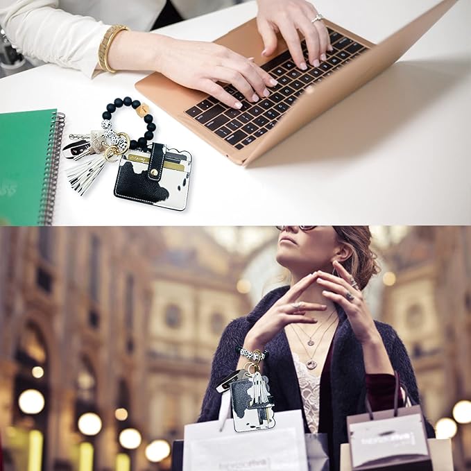 Keychain Wallet Wristlet Small Credit Card Holder Bracelet Key Chain Purse Bangle Tassel Beads Key Rings for Women
