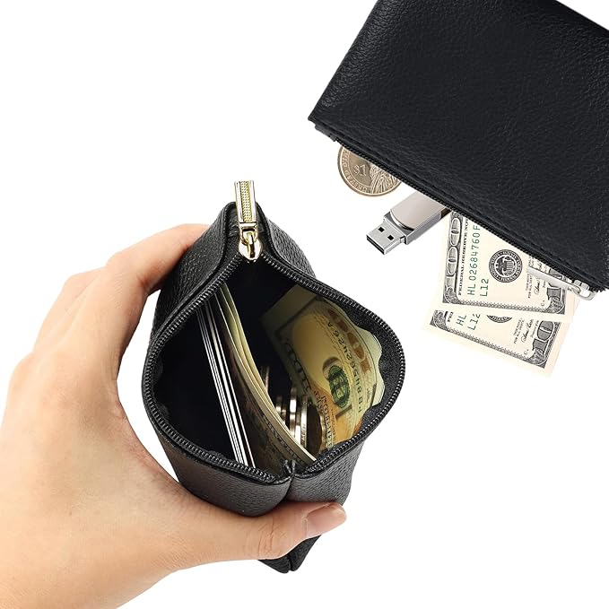 2 Pack Leather Zipper Coin Purse, Portable PU Leather Coin Purse,Mini Coin Pocket Pouch Change Holder, Coin Pouch with Zipper for Men Women Headset Credit Card ID Key Lipstick (Black&Brown)