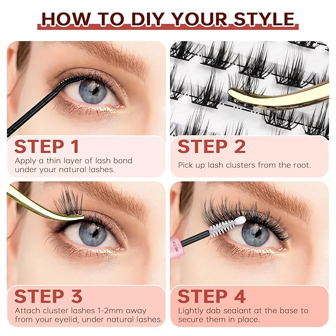 JOLIETIFY Lash Extension Kit, Natural Style, Spiky Wispy Faux Mink 8-16mm Clusters, Medium Glam Look, Soft & Fluffy, Individual Lashes with Waterproof Bond & Seal, Tweezers & Remover, Easy to Apply