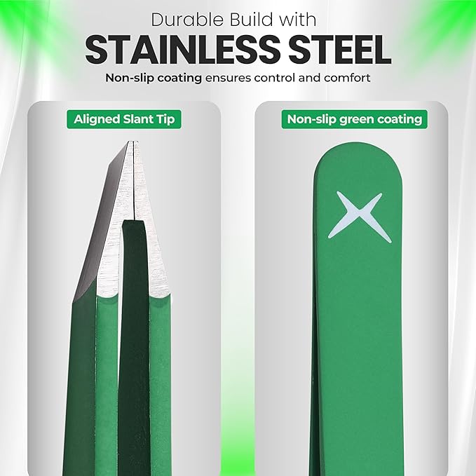 Stainless Steel Mini Slant Tweezer - Professional Precision Eyebrow Tweezers for Women & Men, Rust-Proof Travel Grooming Tool for Facial Hair Removal, Chin Hair & Ingrowns (Matte Forest Green)