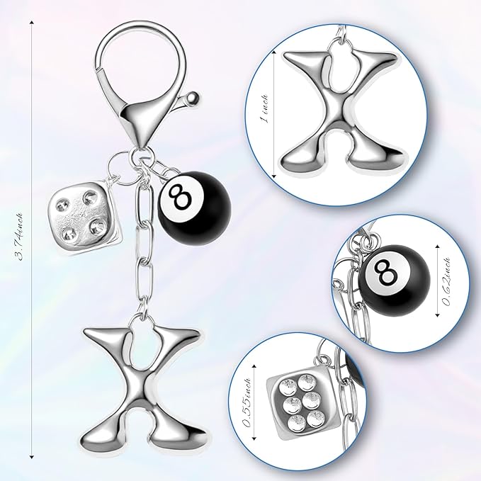 8 Ball Dice Keychain with Silver Bubble Initial - Y2K Aesthetic Cute Bag Purse Charms for Women