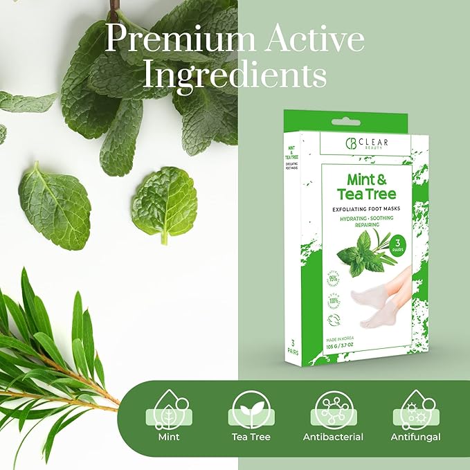 Clear Beauty Mint & Tea Tree Foot Masks Moisturizing Socks - Exfoliating, Hydrating & Revives Cracked Feet - Dermatologist Tested, Clean Beauty & Cruelty-Free Skincare - 3 Pairs