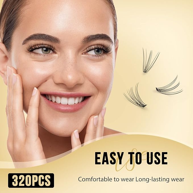 QUEWEL Lash Clusters 320Pcs Cluster Lashes 10D D Curl Lash Cluster Eyelash Extensions Mix12-18mm Individual Eyelashes Clusters Wispy Lash Clusters Thin Band Soft to Use at Home(10D D Mix12-18)