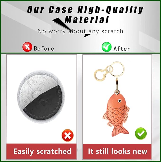 Leather Keychain Holder Case Compatible with AirTag,Cute Protective Cover with Keyring,Anti-Scratch Finder GPS Tracker Case for Wallet Keys,Bag,Pets(Fish Red)