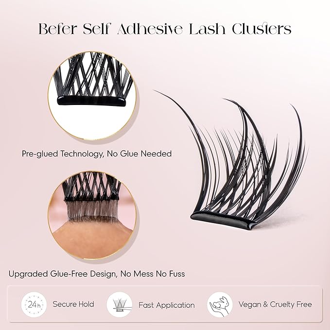 BEFER Self Adhesive Eyelashes Clusters, D Curl 10-16MM Pre Glued Lash Natural Look No Glue No Remover Needed Reusable Lashes Press on Eyelash Clusters Easy for Use DIY at Home(TYB85,Flare)