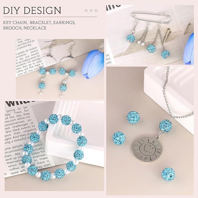 200 Pcs Aquamarine Rhinestone Beads for Jewelry Making, Sparkle Crystal Clay Christmas for Bracelet Baseball Necklace Earring Crafting and DIY, Shiny Round Shamballa Disco Ball Beads Bulk