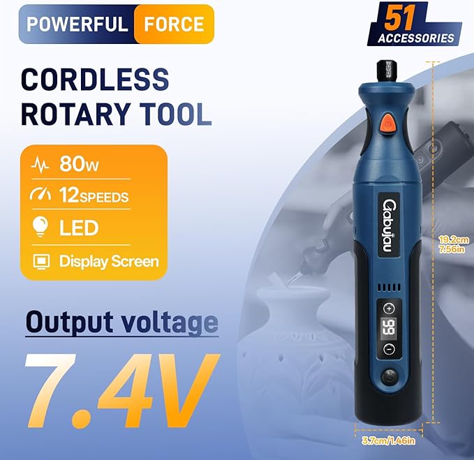 Cordless Rotary Tool Kit Mini, 7.4V 12-Speed Power USB Rechargeable, for DIY Crafts, Jewelry Making, Wood Carving, Polishing, Sanding, Drilling with 51 Accessories