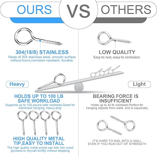 Aovchei 304 Stainless Steel Eye Screws - 9 Pcs 2.5" Heavy Duty Screw Hooks, Rust-Resistant Self Tapping for Wood, Cables & Artwork Hanging (Indoor/Outdoor)
