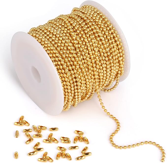 Gold Ball Bead Chain - 2.0mm, 50ft 18K Gold Plated Stainless Steel Ball Chain Spool - 30 Connectors for Jewelry Making, Necklaces, Key Chains, Dog Tags