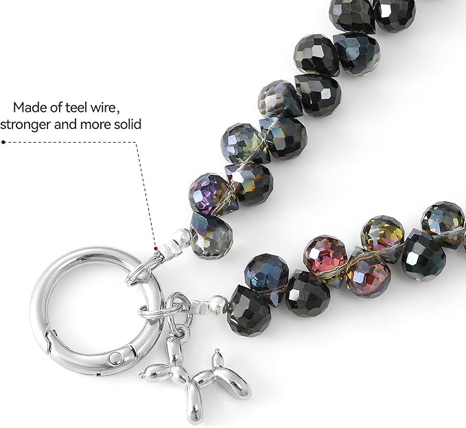 2pcs Crystal Phone Wrist Strap Phone Charm Chain Keychain Beaded Cellphone Lanyard with Tether Tab Hands-Free Wristlet Bracelet Wrist Grip Strap for Women, D-Black