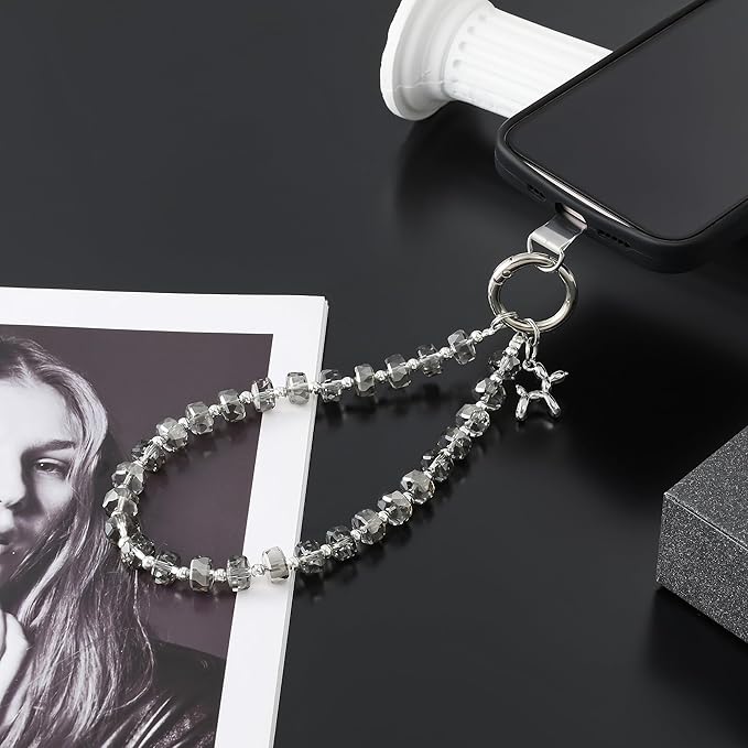 Crystal Phone Wrist Strap Phone Charm Chain Keychain Beaded Cellphone Lanyard with Tether Tab Hands-Free Wristlet Bracelet Wrist Grip Strap for Women, W-Gray