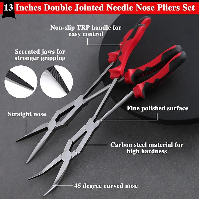 Straight and 45-Degree Bent Needle Nose Pliers Set 2Pcs Double Jointed Needle Nose Pliers Set Extra Long Needle Nose Plier with Serrated Jaw Long reach pliers for Hard to Reach Narrow Spaces