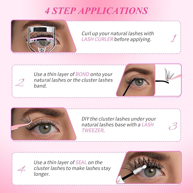 Lash Clusters Kit Eyelash Clusters Kit Cat Eye Lashes Large Pack Cluster Eyelash Extensions Lash Extension Kit Pestañas Postizas Naturales with Lash Bond&Seal,Remover,Tweezers,Cleanser(Lash Kit-5)