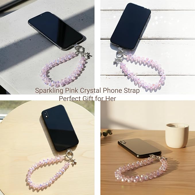 2pcs Crystal Phone Wrist Strap Phone Charm Chain Keychain Beaded Cellphone Lanyard with Tether Tab Hands-Free Wristlet Bracelet Wrist Grip Strap for Women, D-Pink AB