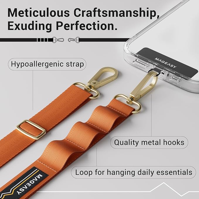 MAGEASY Universal Cell Phone Lanyard Crossbody - Anti-Theft Crossbody Phone Strap for iPhone 16 Pro Max & Most Smartphones, for Men & Women | 20mm (Orange)