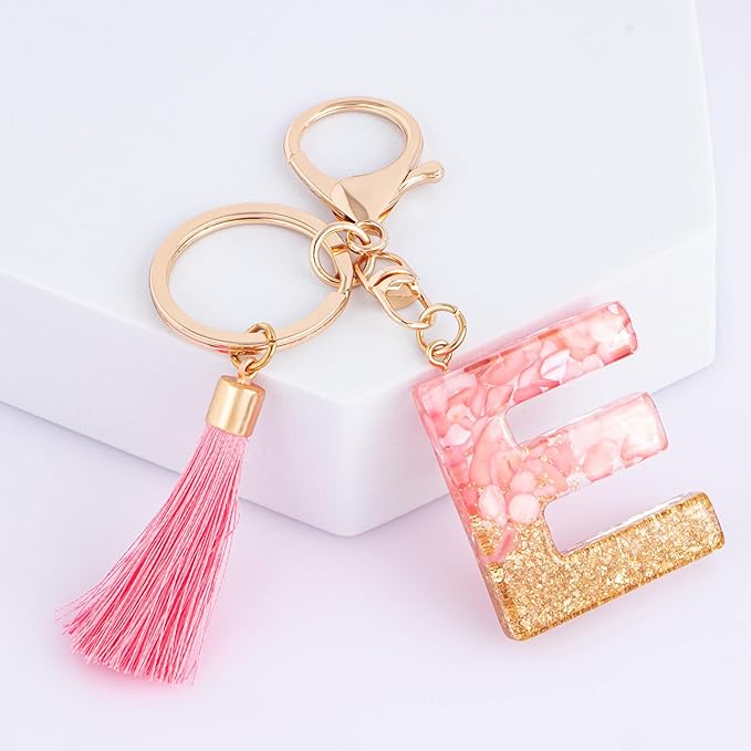 Suweibuke Cute Pink Key Chains for Women Girls, Initial Letter Keychains with Tassel, Charms for Key Purse Handbags Backpacks