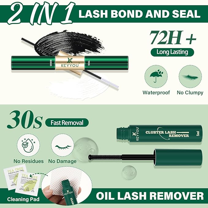 KEYYOU Lash Extension Kit DIY 300Pcs Lash Clusters Eyelash Extension Kit 40D C Curl 9-18MIX Lash Clusters Kit with Lash Glue Remover Applicator Easy to Use for Beginners(Kit,40D-C,9-18MIX)