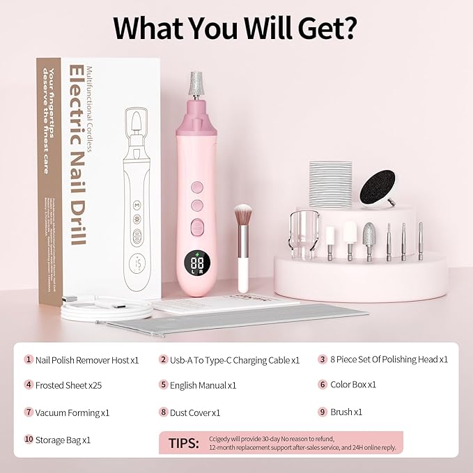 Ccigedy Professional Manicure Pedicure Electric Nail File for Thick Nails Hand Feet Care,Cordless Toenail Grinder 15 Speed,Nail Drill with LCD Screen,Ideal Valentine's Day Gift for Women/Men-Pink