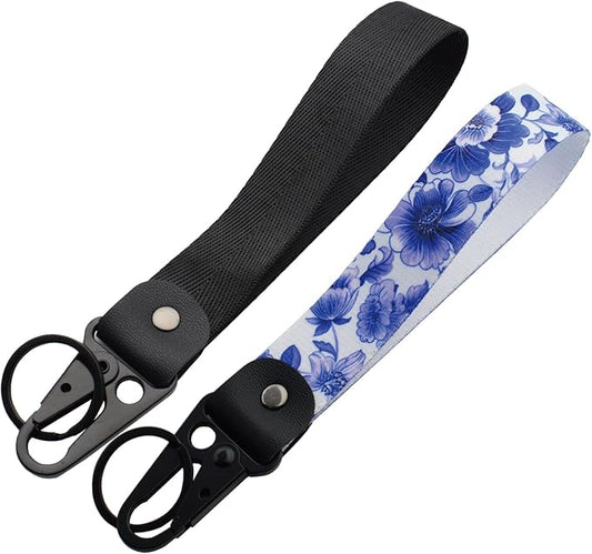 2 Pcs Classic Black & Floral Keychain Wristlet Lanyard for Women couples, Flower Wristlet Strap for Keys Hands-Free Wearable