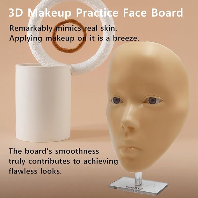 Makeup Practice Face, Liflikee Makeup Mannequin Face with Makeup Practice Face Board,Silicone Full Face Practice Eyelash Eye Shadow, for Emerging Makeup Artist, Girl's Gift, Reusable makeup Face(C01)