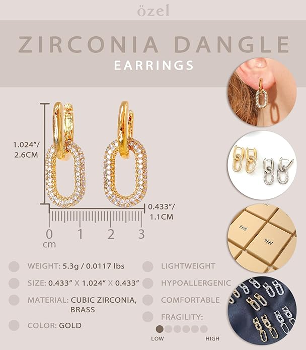 OZEL 14K Gold & Silver Plated Paperclip Chain Earrings with Cubic Zirconia – Dangle, Hoop, Huggie, Stud Styles – Women’s Fashion Jewelry Gift
