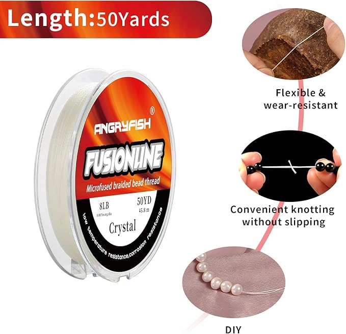 ANGRYFISH Fusionline Micro-Fused Braided Thread,Unbelievably High Tensile Strength,Not Stretch,Super Strong Stringing Material for Bracelet (Crystal, 8lb,0.007in-50yd)