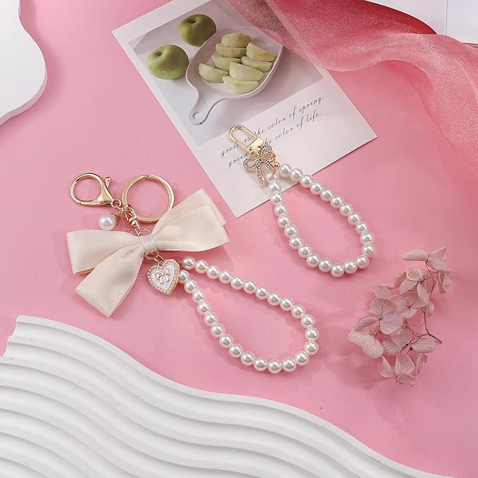 2Pcs Cute Bow Keychain for Women,Purse Charms Bow Bag Charms for Handbag, Pearl Keychain Accessories for Car