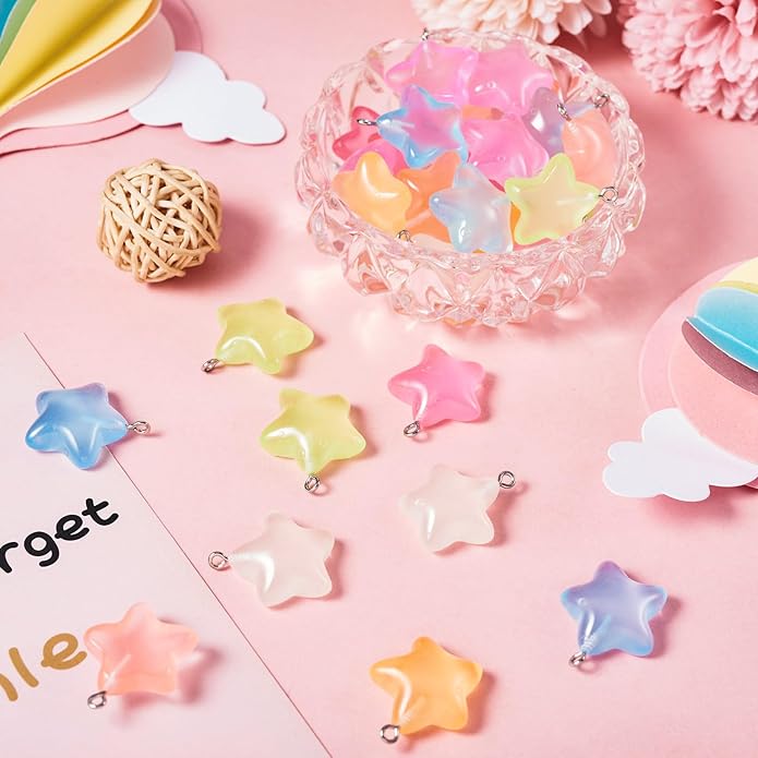 Resin Love Heart Star Flower Charms Colorful Heart Floral Pentagram Pendants Cute Hang Ornament for DIY Crafts Necklace Bracelet Keychain Jewelry Making