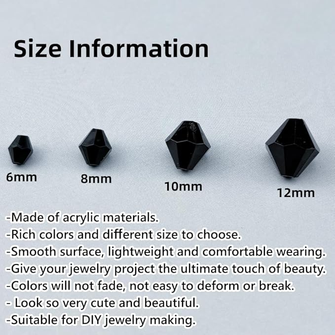 100pcs 12mm Acrylic Bicone Beads Faceted Acrylic Crystal Spacer Beads for Bracelet Necklace Earring Keychain Jewelry Making Crafts(Black)