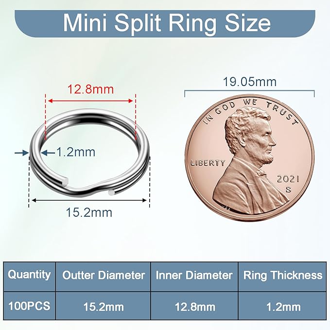 100 PCS 5/8" Small Split Ring for Keychains, Double Loops Round Split Jump Rings Jewelry Making Metal Small Key Rings for Pet Collar Tag Luggage Tags DIY Craft Accessories