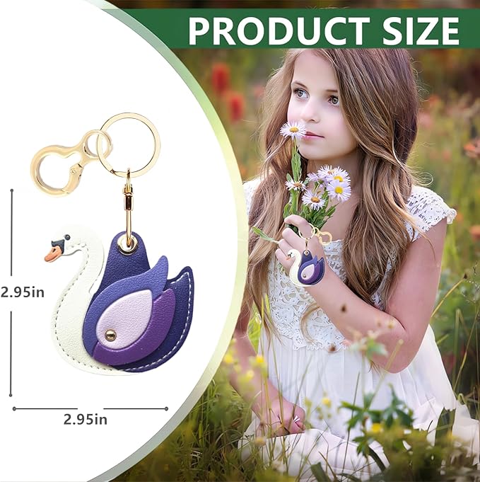 Leather Keychain Holder Case Compatible with AirTag,Cute Protective Cover with Keyring,Anti-Scratch Finder GPS Tracker Case for Wallet Keys,Bag,Pets(Swan Purple)