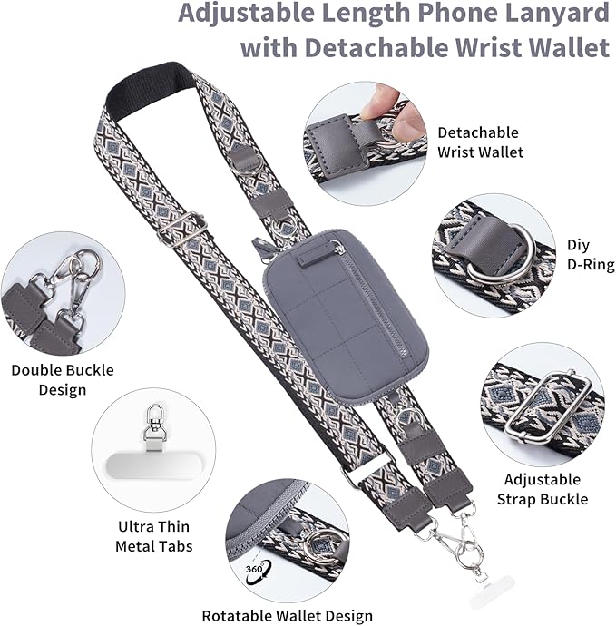 Clip and Go Strap for Phone with Wallet Crossbody Phone Lanyard with Anti-Theft Zipper Pouch Detachable Quilted Wrist Wallet with RFID and ID Window for Daily Travel. Grey