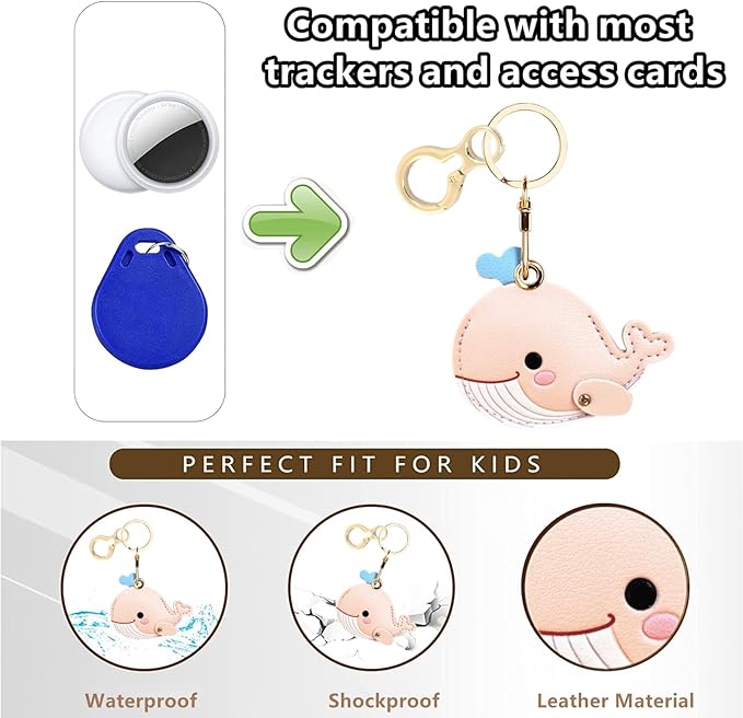 Leather Keychain Holder Case Compatible with AirTag,Cute Protective Cover with Keyring,Anti-Scratch Finder GPS Tracker Case for Wallet Keys,Bag,Pets(Whale Pink)
