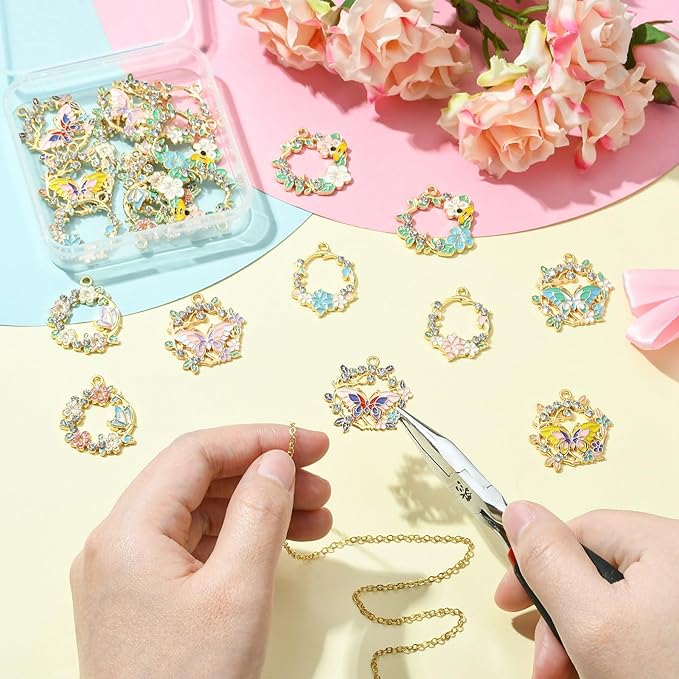 Stiesy 20 Pcs 10 Styles Spring Flower Wreath Charms Enamel Metal Charm Pendant with Rhinestone Butterfly Bee for Jewelry Making DIY Bracelet Earring Necklace Crafting