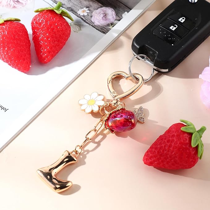 Strawberry Initial Keychain for Women-Cute Kawaii Gold Alphabet Bag Charms, Key chain Gift for Purse Handbag