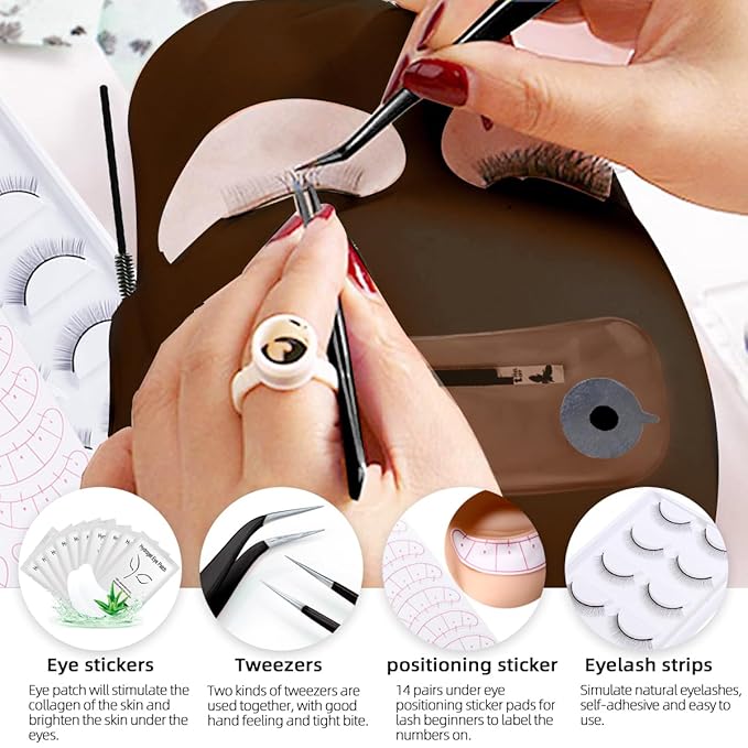 Lash Extension Kit Professional Eyelash Extensions Practice Set with Mannequin Head Removable Eyelids USB Lash Fan Individual False Eyelash Shampoo Brush Glue Practical Tools for Beginners