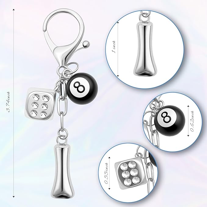 8 Ball Dice Keychain with Silver Bubble Initial - Y2K Aesthetic Cute Bag Purse Charms for Women