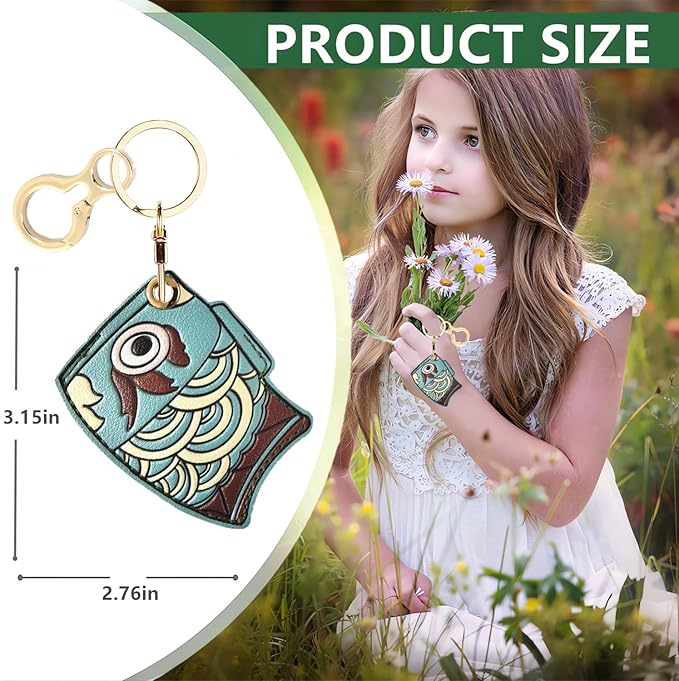 Leather Keychain Holder Case Compatible with AirTag,Cute Protective Apple Air Tag Cover with Keychain Ring,Anti-Scratch Finder GPS Tracker Case for Wallet Keys,Bag,Pets(Blue Fish)