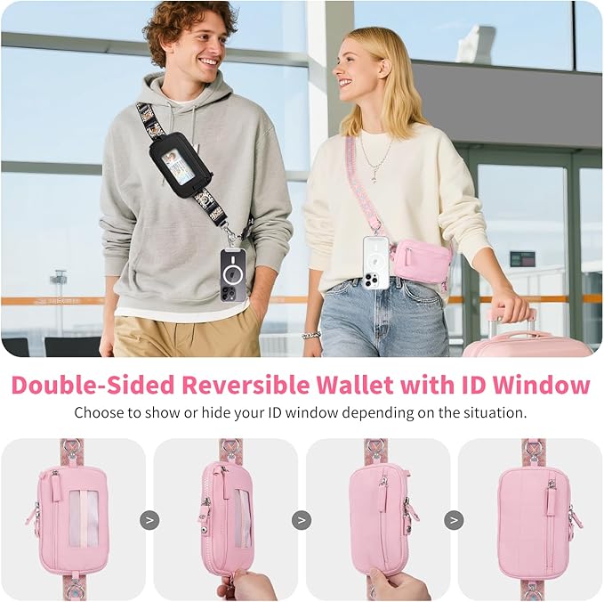Clip and Go Strap for Phone with Wallet Crossbody Phone Lanyard with Anti-Theft Zipper Pouch Detachable Quilted Wrist Wallet with RFID and ID Window for Daily Travel.