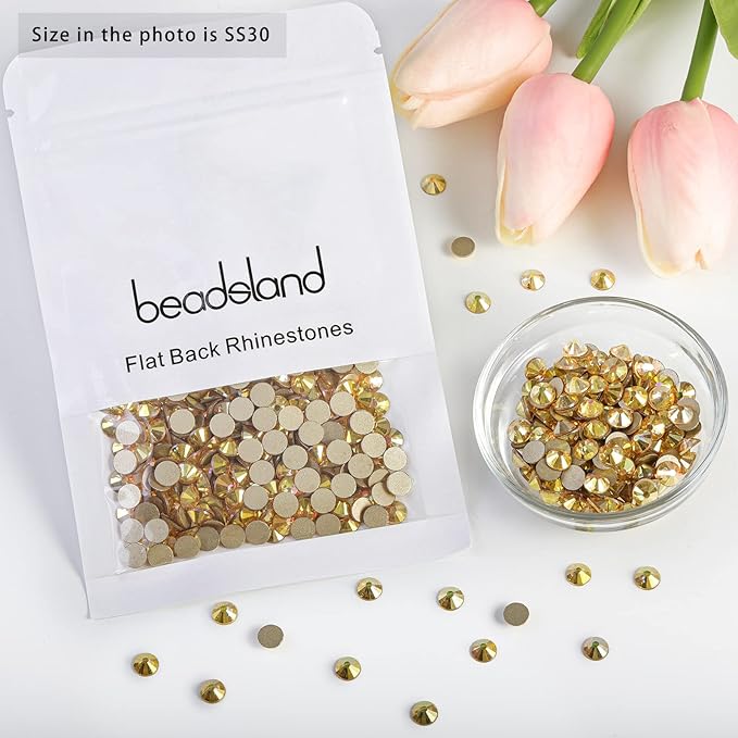 beadsland 288 Piece Flat Back Crystal Rhinestones Round Gems, 1.3mm-8.6mm, Metal Sunlight (SS30(6.3-6.5mm))