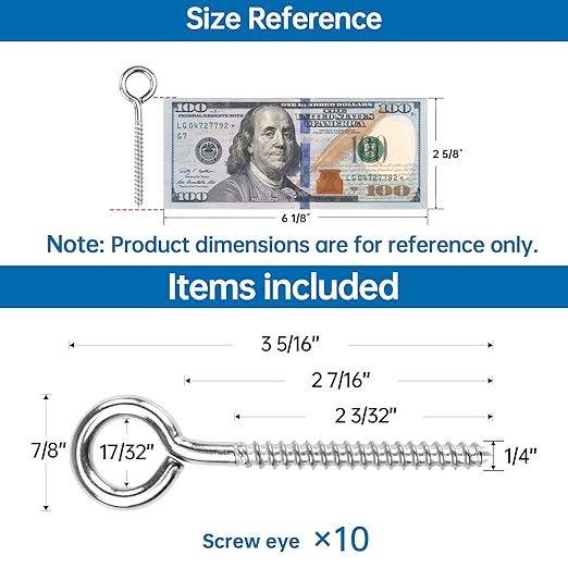Muzata 10 Pack Eye Screws 3.3 Inch Stainless Steel Screw Eye Hook for Wood Heavy Duty M6 Eyelet Hooks Self Tapping Securing Cables Wire Indoor Outdoor CR18