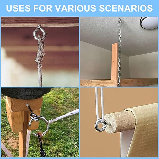 Aovchei Eye Screws, 4 Pcs 4.5 Inch Long, 304 Heavy Duty Stainless Steel Screw Hooks, Rust-Resistant Self Tapping Eyelet Bolts for Wood, Securing Cables Wires, Indoor & Outdoor for Hanging Artwork