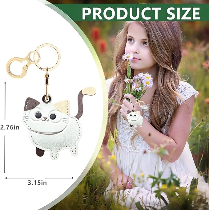 Leather Keychain Holder Case Compatible with AirTag,Cute Protective Cover with Keyring,Anti-Scratch Finder GPS Tracker Case for Wallet Keys,Bag,Pets(Cat A)