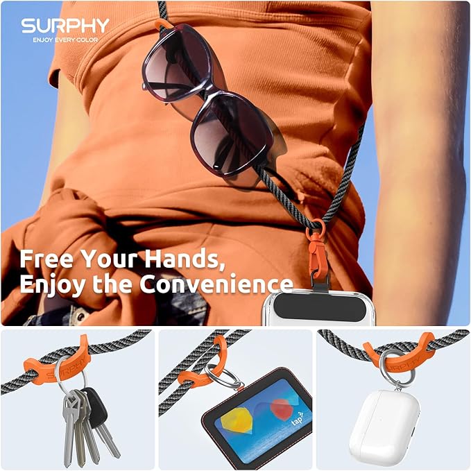 SURPHY Phone Lanyard, Adjustable Phone Strap Crossbody with 2 Pack Cell Phone Tether Tab, Premium Metal Buckles and Two-Color Braided Cell Phone Lanyard Crossbody for Women and Men, Black & Grey