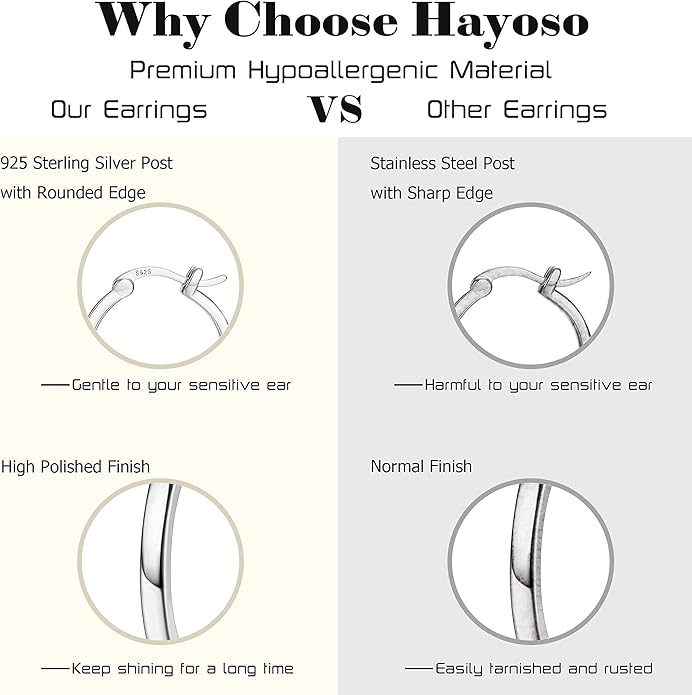Hayoso 18K Gold Plated Hoop Earrings - 925 Sterling Silver Hoop Earrings Womens Hypoallergenic Hoops | Square Tube Hoop Earrings for Women 15mm/20mm/30mm/40mm