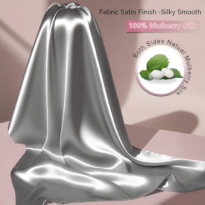 Mulberry Silk Pillow Cases with Zipper, Ultra Smooth Soft Breathable Cooling Pillow Cases for Hot Sleepers, Silk Satin Pillowcase for Hair and Skin, Gifts for Women (Silver Grey, Queen Size, 1 Pack)
