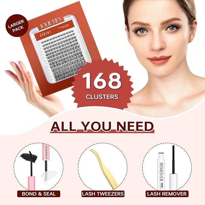 JOLIETIFY Lash Extension Kit, Natural Look, Wispy Faux Mink 8-16mm DIY Cluster Lashes, Soft & Fluffy, Reusable Individual Lashes with Waterproof Bond & Seal, Tweezers & Remover, Easy to Apply