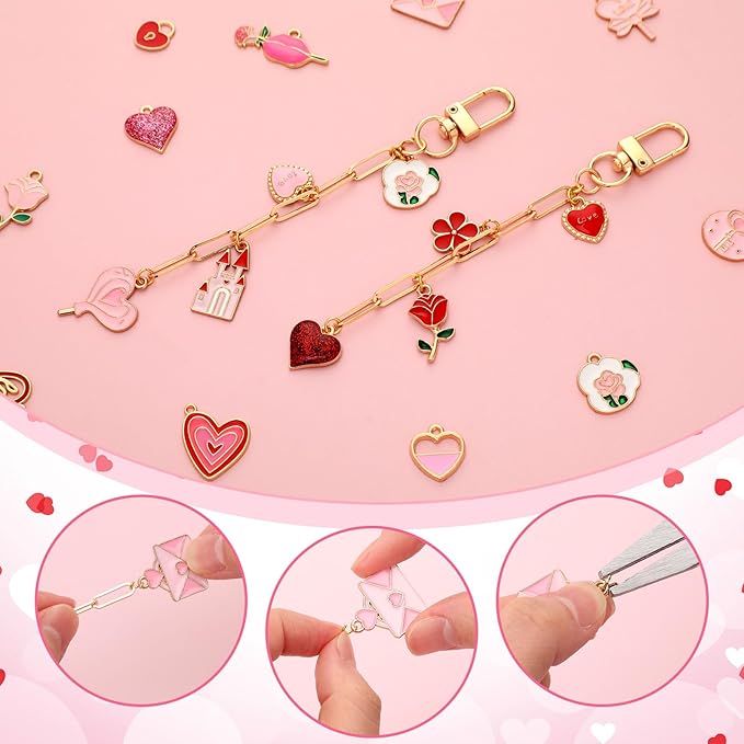 Tondiamo 286 Pieces Galentines Day Keychain Making Kit Gift Valentine's Day DIY Craft Red Pink Heart Love Bag Charms for Keychain Jewelry Making for Friends Women Adults