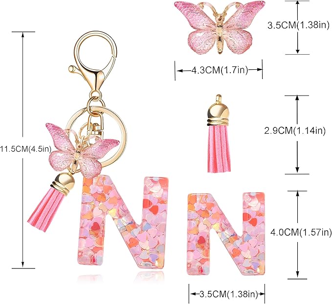 Fashion Alphabet Initial Letter Keychain Tassel Butterfly Pendant Key Ring for Purse Handbags Women Girl